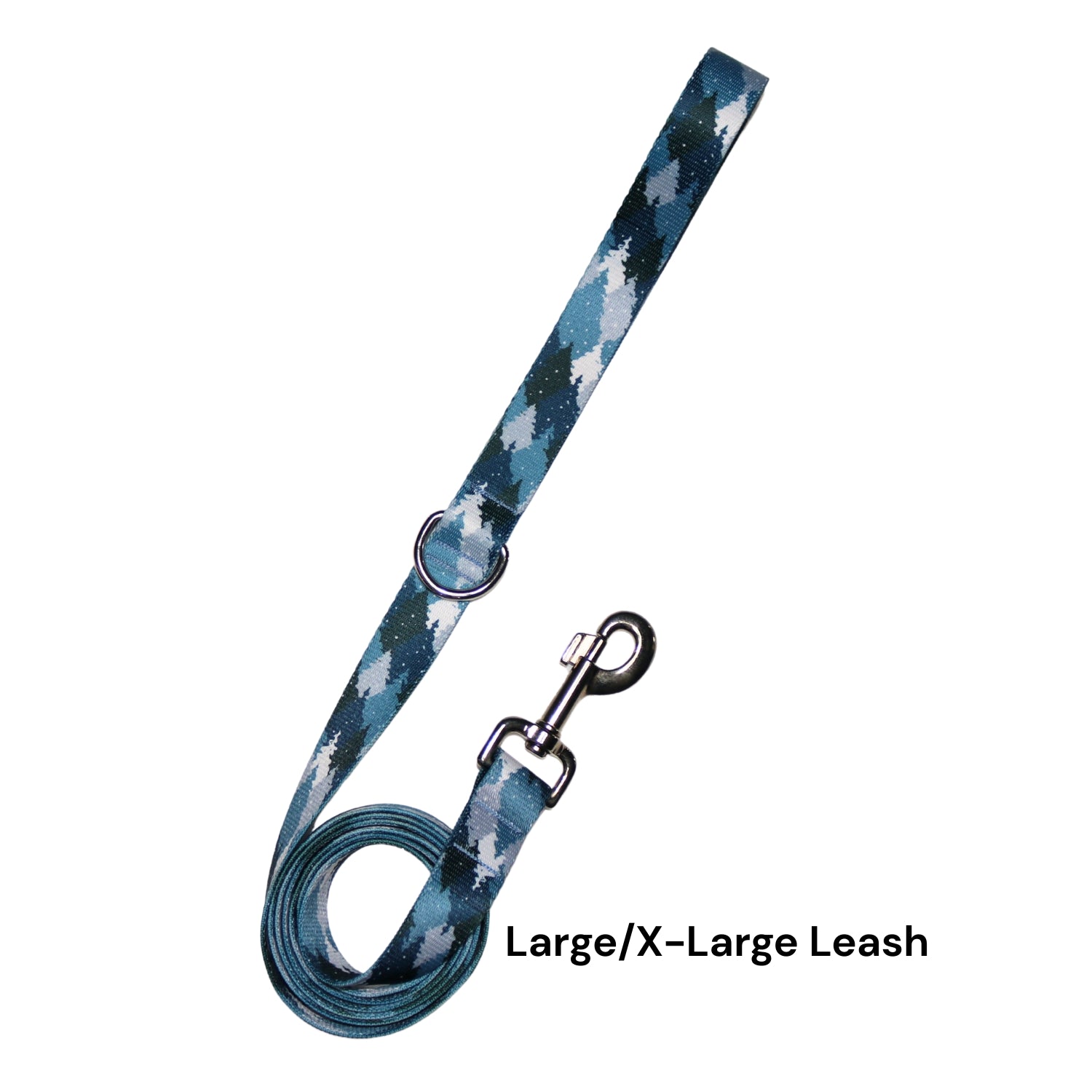 Blue and gray patterned dog leash with a metal clip