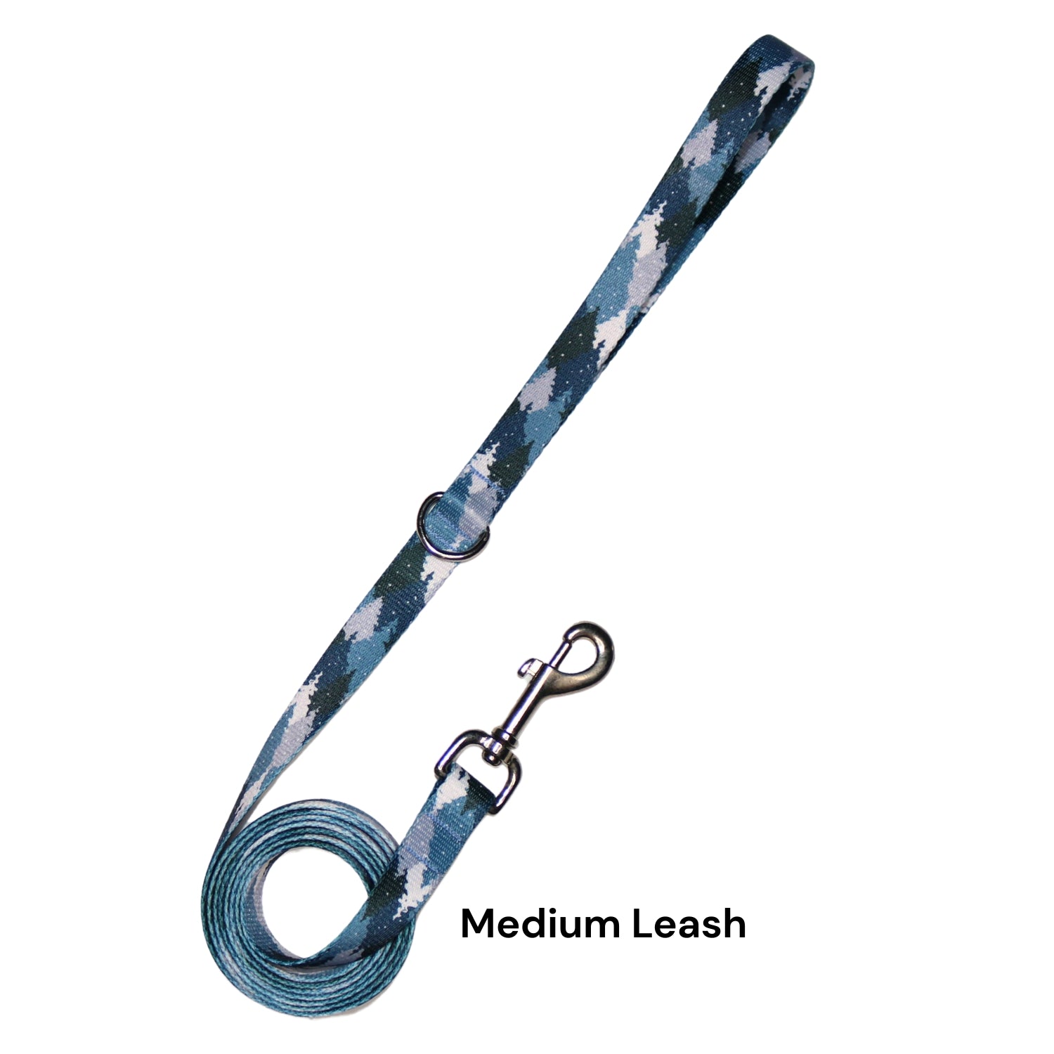 Blue and white patterned dog leash with a metal clip 