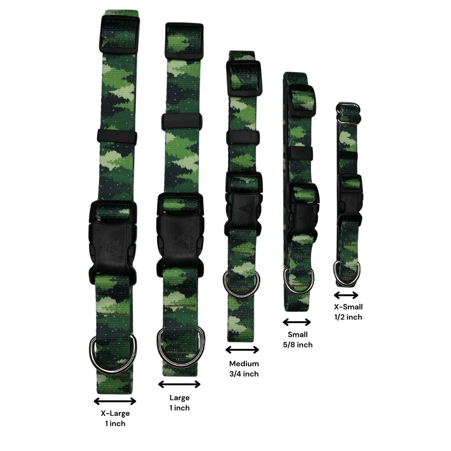 Set of green camouflage dog collars with size chart 