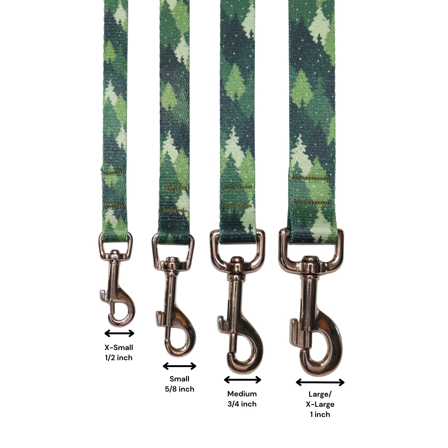 Four dog leashes with different sizes and a forest-themed pattern