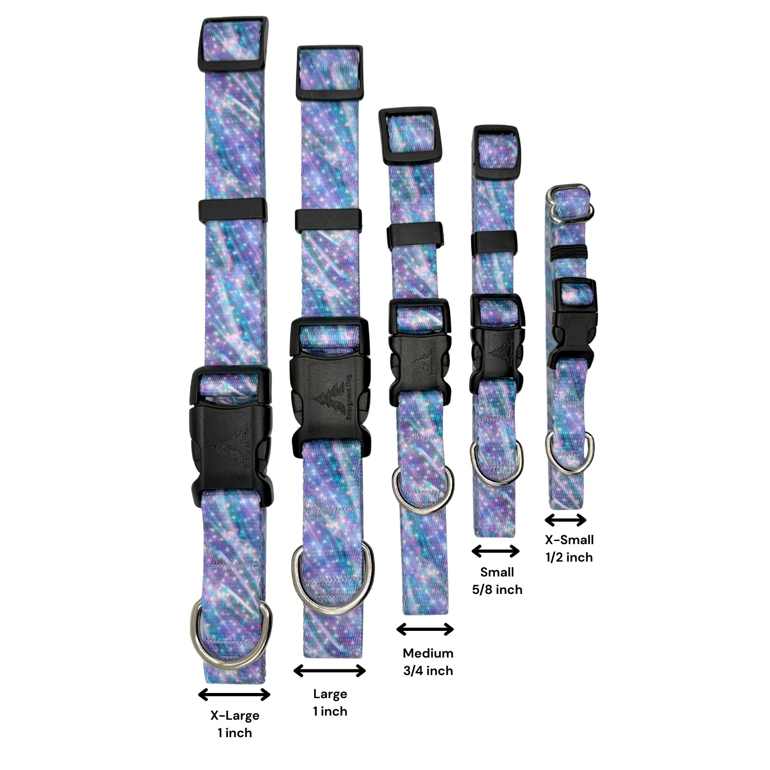 Set of purple and blue patterned dog collars with size chart 