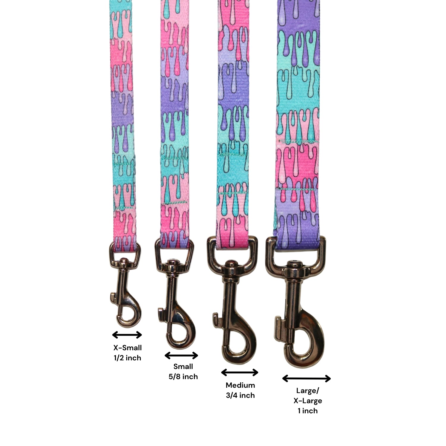 Dog leashes with colorful pattern and size measurements 