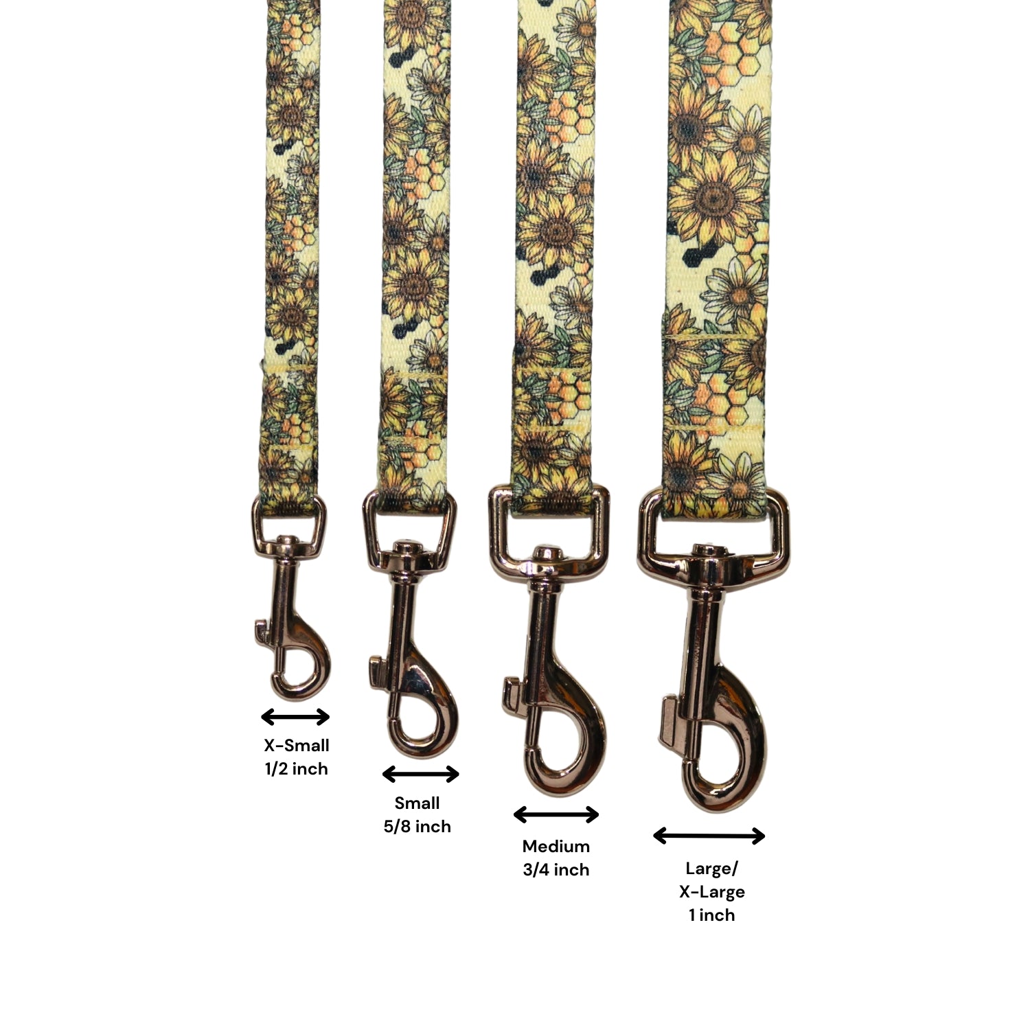 Floral patterned dog leashes with size measurements 