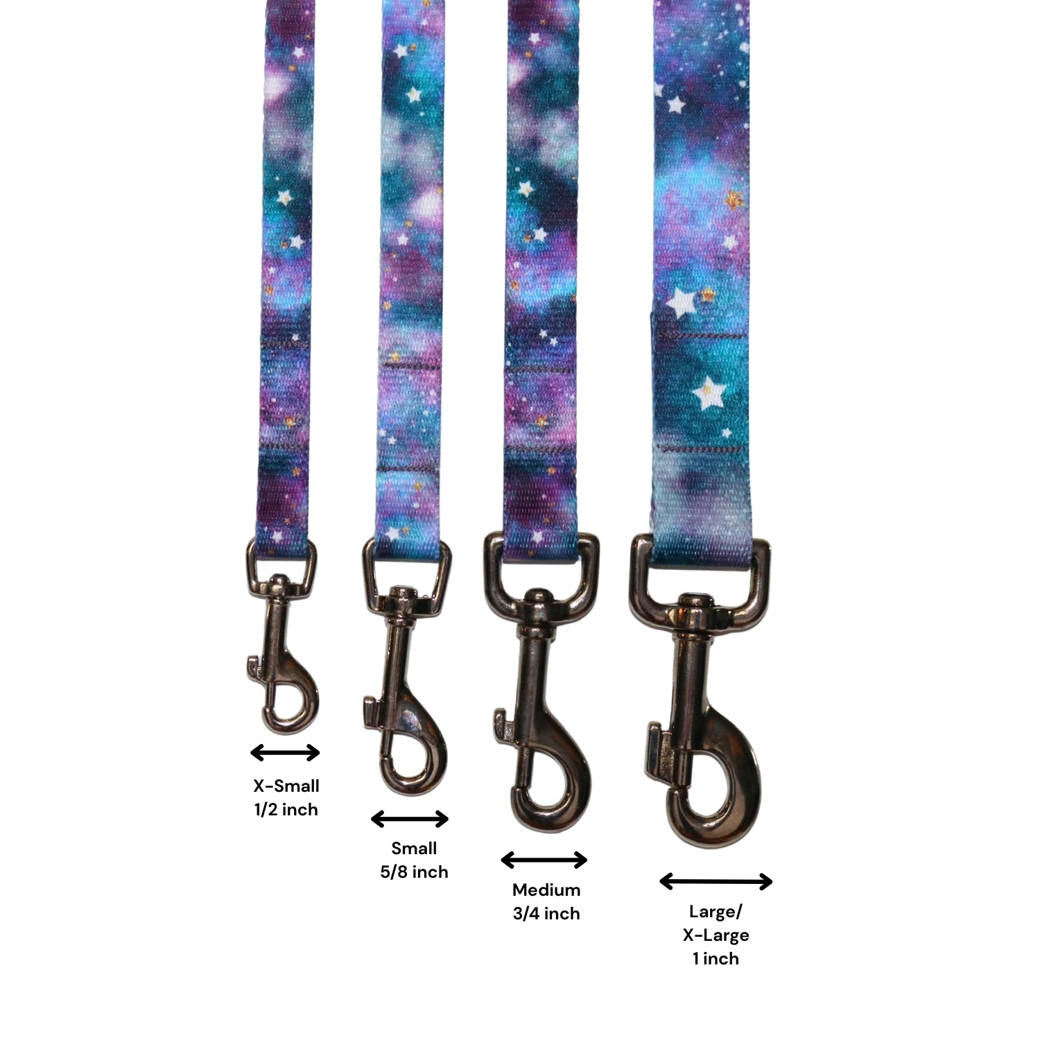 Four galaxy-themed dog leashes of different sizes with measurements 